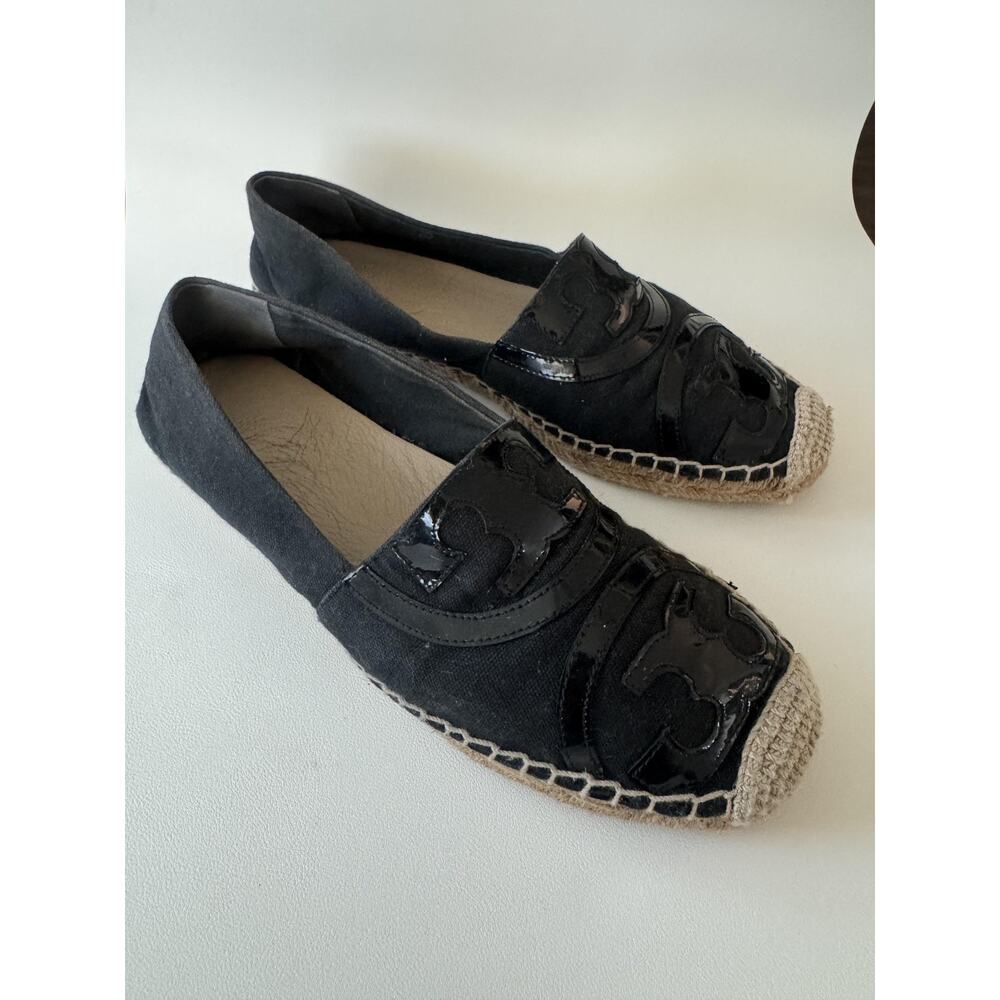 Tory Burch Espadrille Shoes Womens Size 10.5 Poppy Flats Black Canvas Logo - Picture 3 of 14